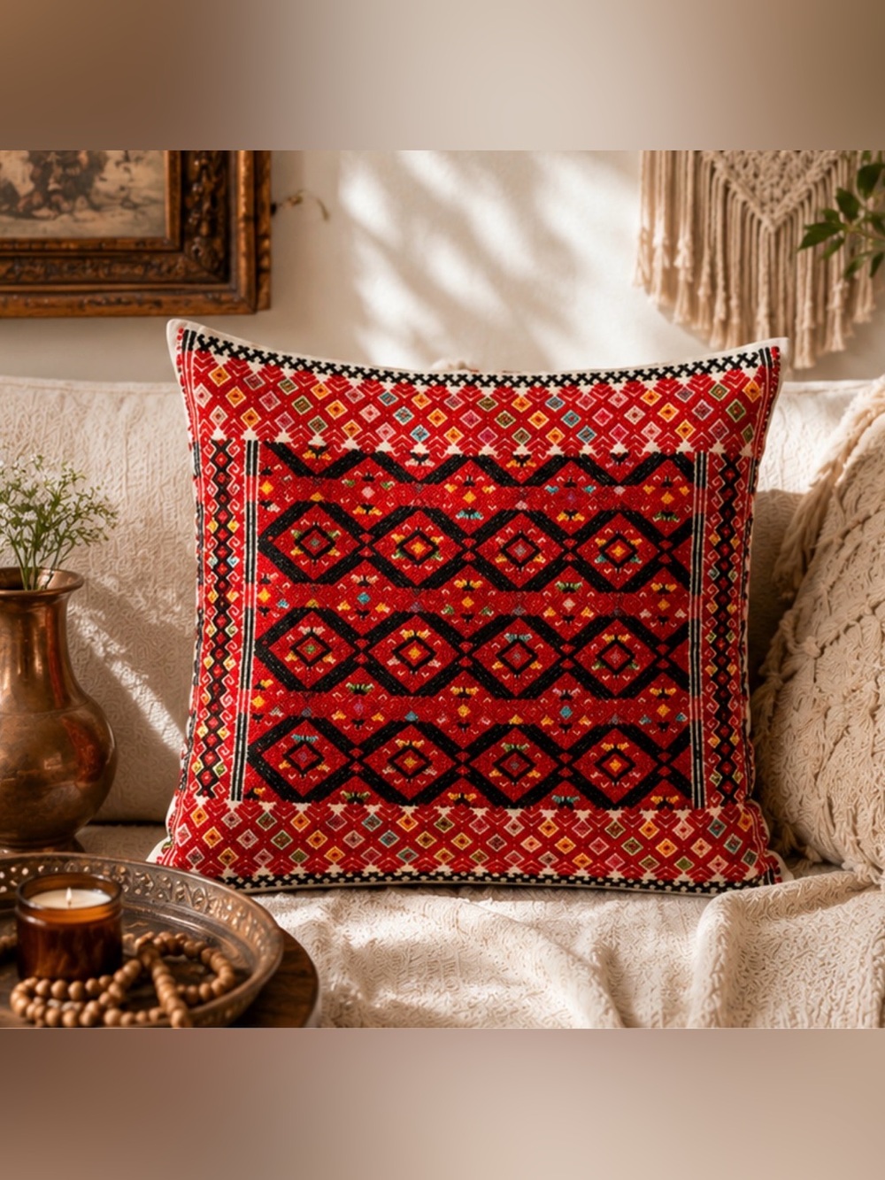 Vintage Hand Embroidered 16x16 Pillow Cover | Boho Folk Art Geometric Accent